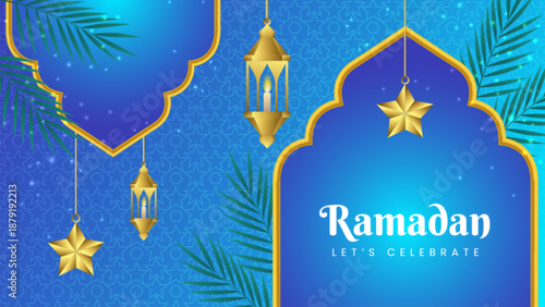 Ramadan Mubarak illustration with lanterns stars and palm leaves decoration
