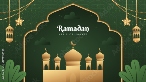 Elegant Ramadan background with golden mosque and stars