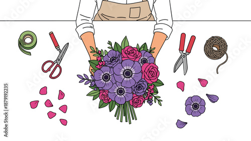 A top-down view of a person's hands meticulously arranging a vibrant bouquet of purple and pink flowers, surrounded by various floristry tools and scattered petals on a clean white table.