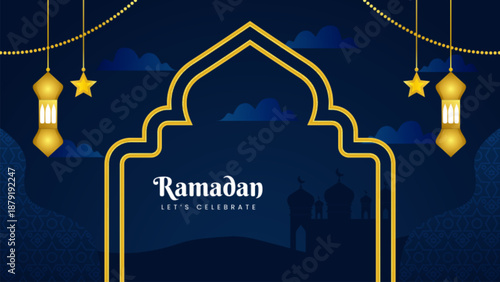 Ramadan celebration greeting card design with golden lantern and mosque silhouette