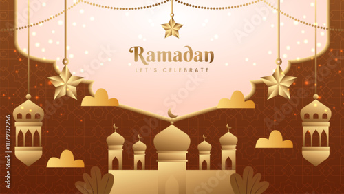 Festive Ramadan celebration background with golden mosque and decorations