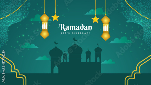 Ramadan background with mosque silhouette lanterns and stars for celebration