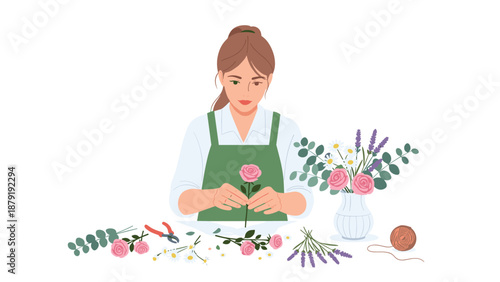 A focused female florist meticulously arranging a delicate pink rose, surrounded by various other flowers, essential floristry tools, and a vase on a clean white table.