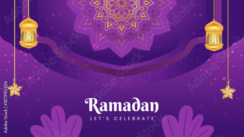 Ramadan celebration background with hanging lanterns stars and floral mandala