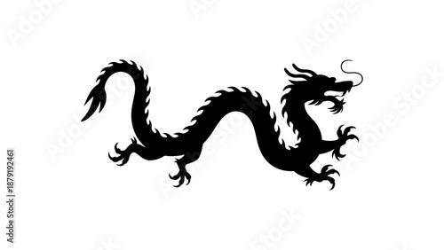 Long chinese dragon silhouette isolated on white