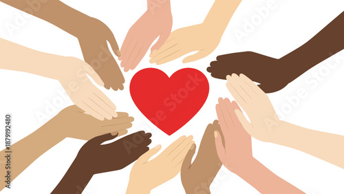 A diverse circle of hands with varying skin tones reaching inwards towards a central vibrant red heart, powerfully symbolizing unity, community, diversity, and shared love.