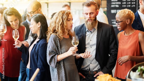 Foto Group of diverse people socializing at a party, holding wine glasses