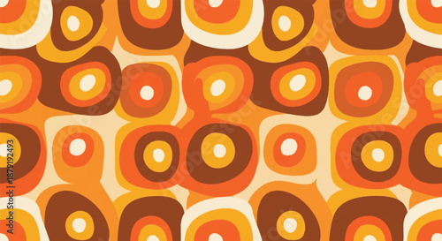 70s Retro Style Seamless Pattern with Orange Brown and Yellow Abstract Circular Shapes