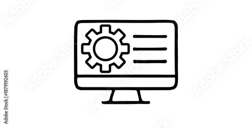 Computer screen with gear symbol illustrating system setup and technical configuration