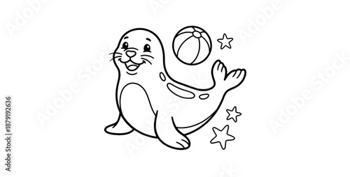 Playful Cartoon Seal Illustration With Ball Simple Coloring Book Design