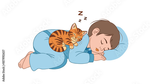 A young boy sleeping peacefully on his side, with a small, striped ginger cat comfortably curled up on his back, symbolizing warmth, comfort, and loving animal companionship.