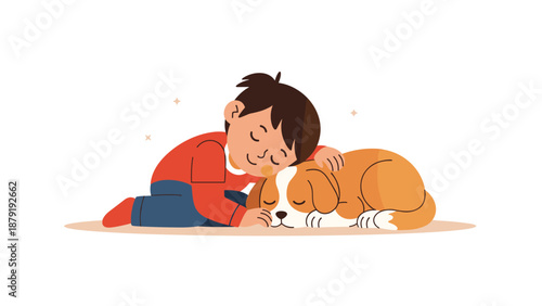 A young boy sleeping soundly on the floor, affectionately cuddling a small, equally sleeping dog, symbolizing a deep bond, comfort, and loving animal companionship.