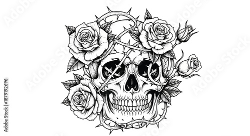 Vintage Skull and Roses Illustration with Thorny Vines for Gothic Rock and Tattoo Art