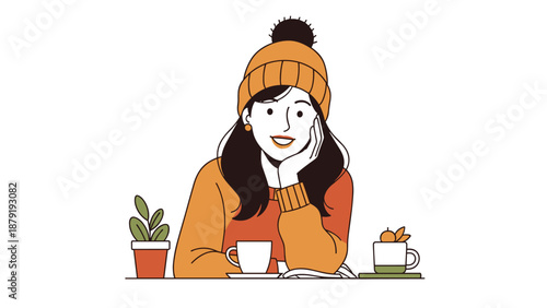 A cozy woman wearing a warm winter hat and sweater, smiling gently while resting her chin on her hand, seated at a table with coffee cups and small plants, exuding comfort and relaxation.