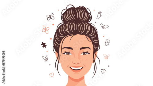 A vibrant woman with beautiful curly brown hair, wearing a cheerful yellow sweater, smiling warmly and engaging in conversation with someone off-screen, conveying friendliness and connection.