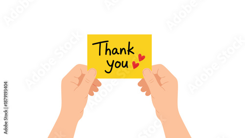 Two hands gently holding a bright yellow card with the heartfelt message "Thank you" written in black, adorned with small red hearts, expressing gratitude and appreciation.