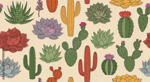 Hand Drawn Cactus and Succulents Seamless Pattern with Desert Botanical Vibe