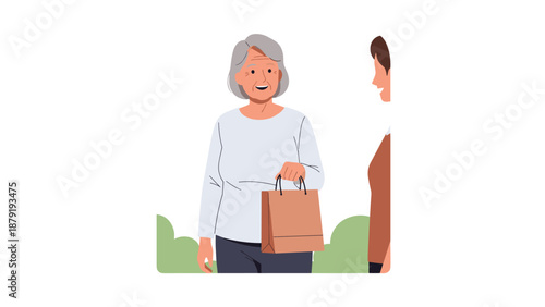 A cheerful elderly woman smiling warmly while holding a brown paper bag, engaging in a friendly interaction with another person, suggesting a thoughtful gift or a pleasant shopping experience.