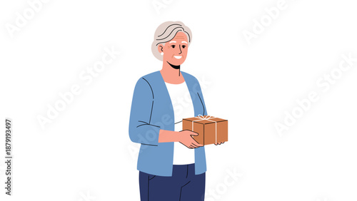 A joyful elderly woman smiling brightly while holding a neatly wrapped gift box, symbolizing the heartwarming act of giving or receiving a thoughtful present, bringing happiness and connection.