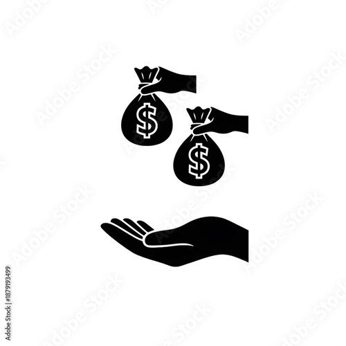 Money Bag Transfer Icon – Minimalist Black Silhouette Representing Financial Profit, Investment Funding, Donation, Wealth Distribution, and Business Revenue Transaction Illustration