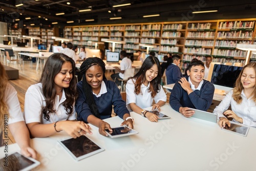 Wallpaper Mural Diverse group of students in a library using tablets. Students engaged in learning, and collaboration. Library setting with diverse students and technology. Diverse high school students at library. Torontodigital.ca