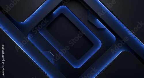 Abstract Dark Blue Neon Light Geometric Shapes Background.