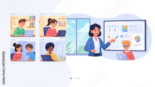 Engaging virtual classroom experience with a diverse group of students learning remotely, guided by a dedicated teacher providing interactive online education