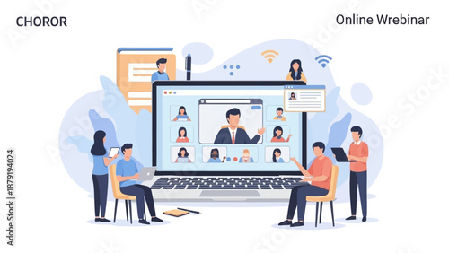 Illustration of professionals engaged in a virtual online webinar and video conference, showcasing remote collaboration, digital learning, and modern communication
