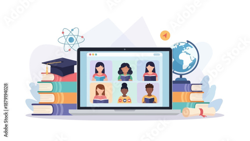 Engaging Virtual Classroom Experience with Diverse Students Collaborating in Online Learning Sessions on Laptop, Surrounded by Educational Resources and Symbols of Knowledge