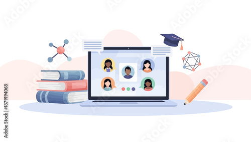 Online learning and remote education, a digital classroom with students and academic symbols on a laptop screen