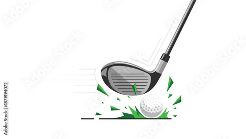 A dynamic illustration capturing a golf club powerfully striking a golf ball, with vibrant green fragments flying outwards, depicting a strong and impactful swing in motion.
