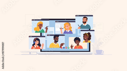 Diverse group of professionals collaborating remotely on a video conference call