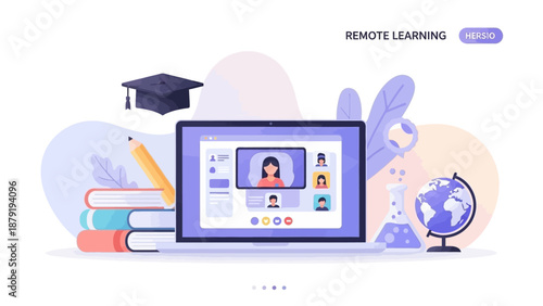 Dynamic illustration of remote learning and virtual education, showcasing students engaged in online classes via video conference on a laptop, surrounded by essential study elements