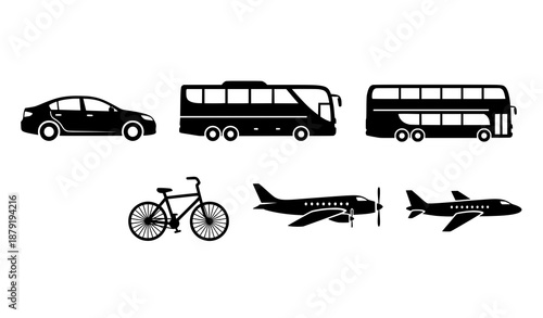 Black silhouette transportation icons with car bus bicycle and airplanes vector set