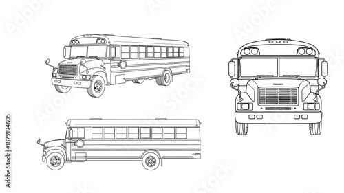 Detailed line drawings of a school bus from multiple angles