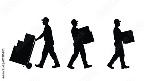 Silhouette of three workers moving boxes and furniture high quality professional