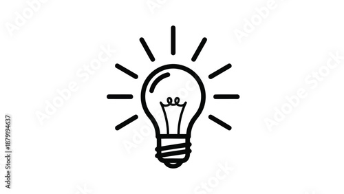 Simple black and white illustration of a glowing light bulb.