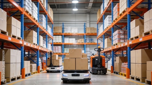 Warehouse with automated forklifts and stacked boxes