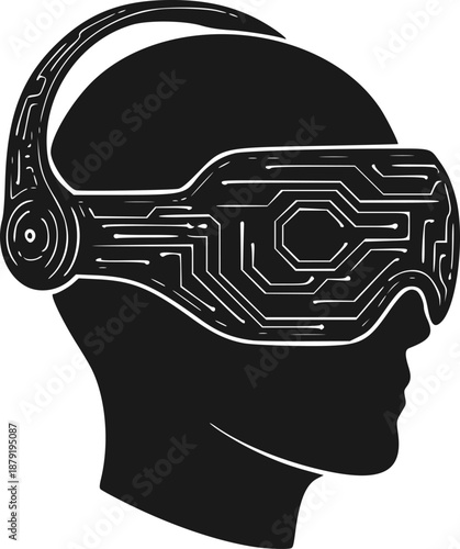 Brain Computer Interface BCI Headset with Signal Waves, Neurotechnology and Human-AI Interaction Concept, Black Vector Illustration Isolated on White
