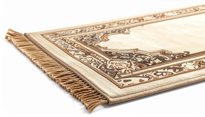 Macro view of a prayer mat corner with intricate design and fringe detail