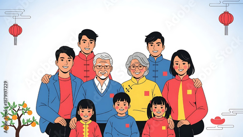 A cheerful and vibrant illustration of a multi-generational Chinese family celebrating Lunar New Year with traditional attire and festive decorations