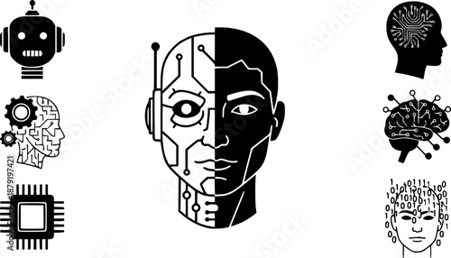 Artificial intelligence concept icon with human and robot profiles. Minimalist black silhouette vector illustration. Cyborg and technology fusion symbol isolated on white background 