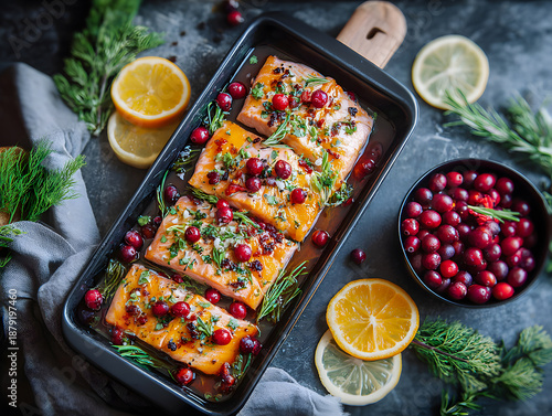 Cranberry glazed salmon fillets with fresh rosemary and citrus