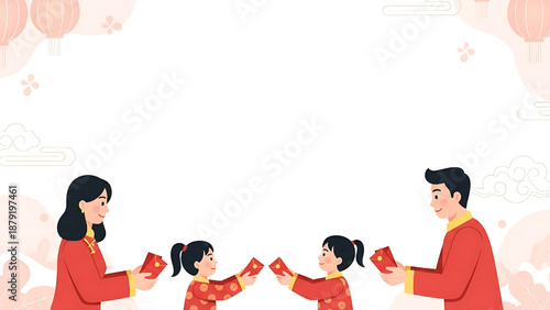 Joyful illustration depicting a family's Lunar New Year celebration, where parents lovingly present red envelopes to their children, symbolizing good fortune and festive blessings