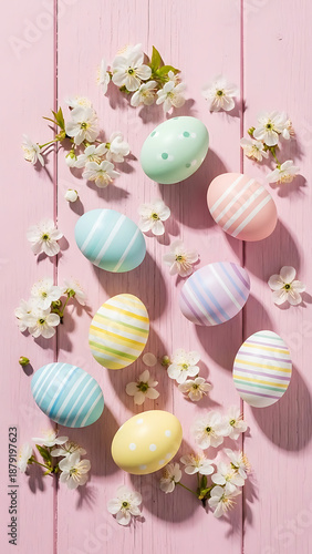 Vibrant pastel eggs and delicate spring blossoms artfully arranged on a rustic pink wooden surface, celebrating the joyful spirit of easter with a top-down view.