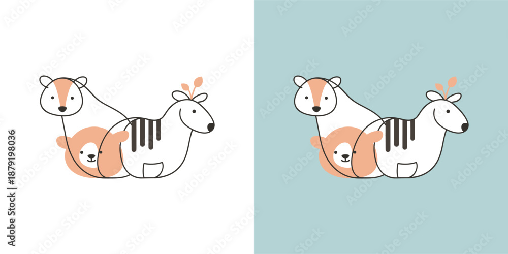 Fototapeta premium Two cartoon zebras lying down together in a playful pose with adorable facial expressions
