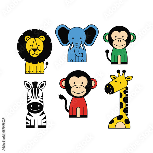 Collection of cartoon animals including lion, elephant, monkey, zebra, and giraffe in a grid layout on a plain background