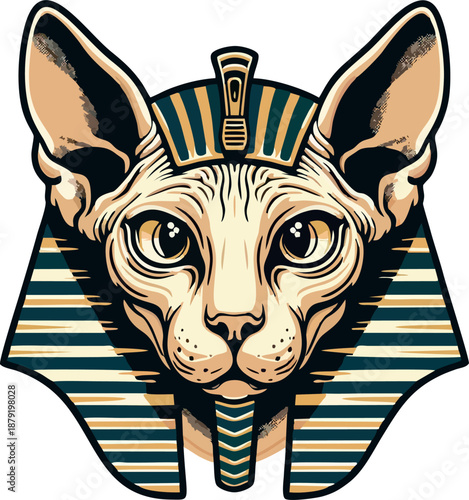 Cute Sphynx Cat in Gold Striped Nemes Headdress Vector Emblem