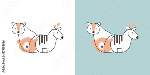 Two cartoon zebras lying down together in a playful pose with adorable facial expressions