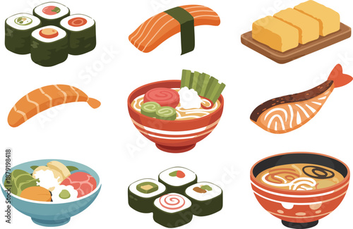 Japanese Food Vector Set Sushi, Ramen, Tempura, and Traditional Cuisine